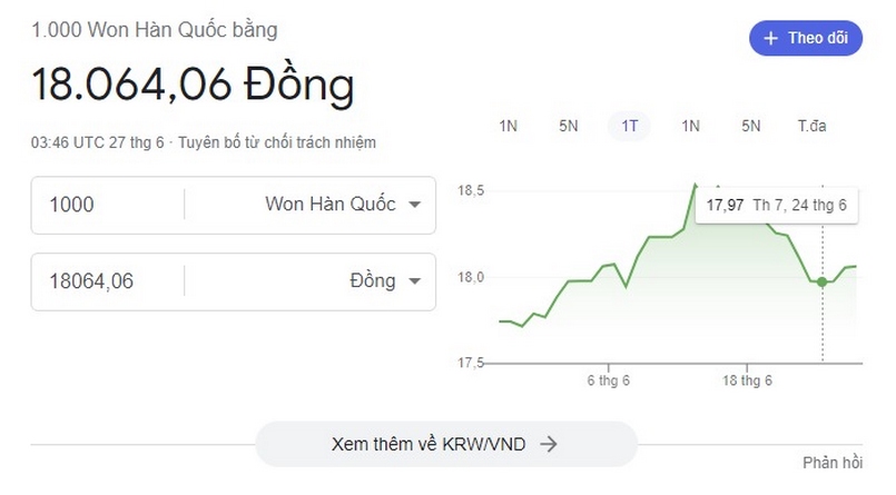 1000 won bằng bao nhiêu tiền việt